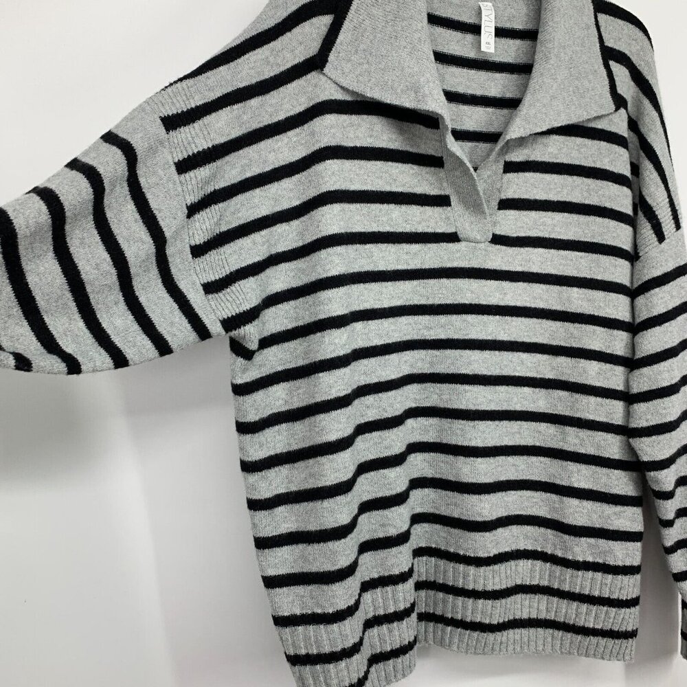 Stylus Sweater Gray Black Stripe V Neck Long Sleeve Pullover NWT - Picture 7 of 12
